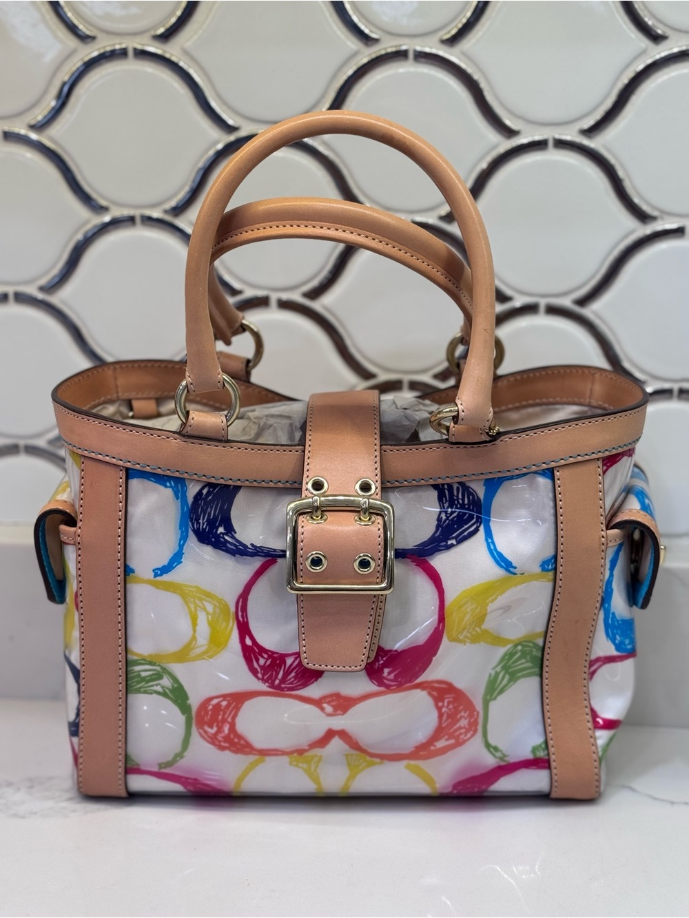 Coach Multicolor Logo Print Boxy 
Tote w/ Tan Leather - Vintage -Limited Edition